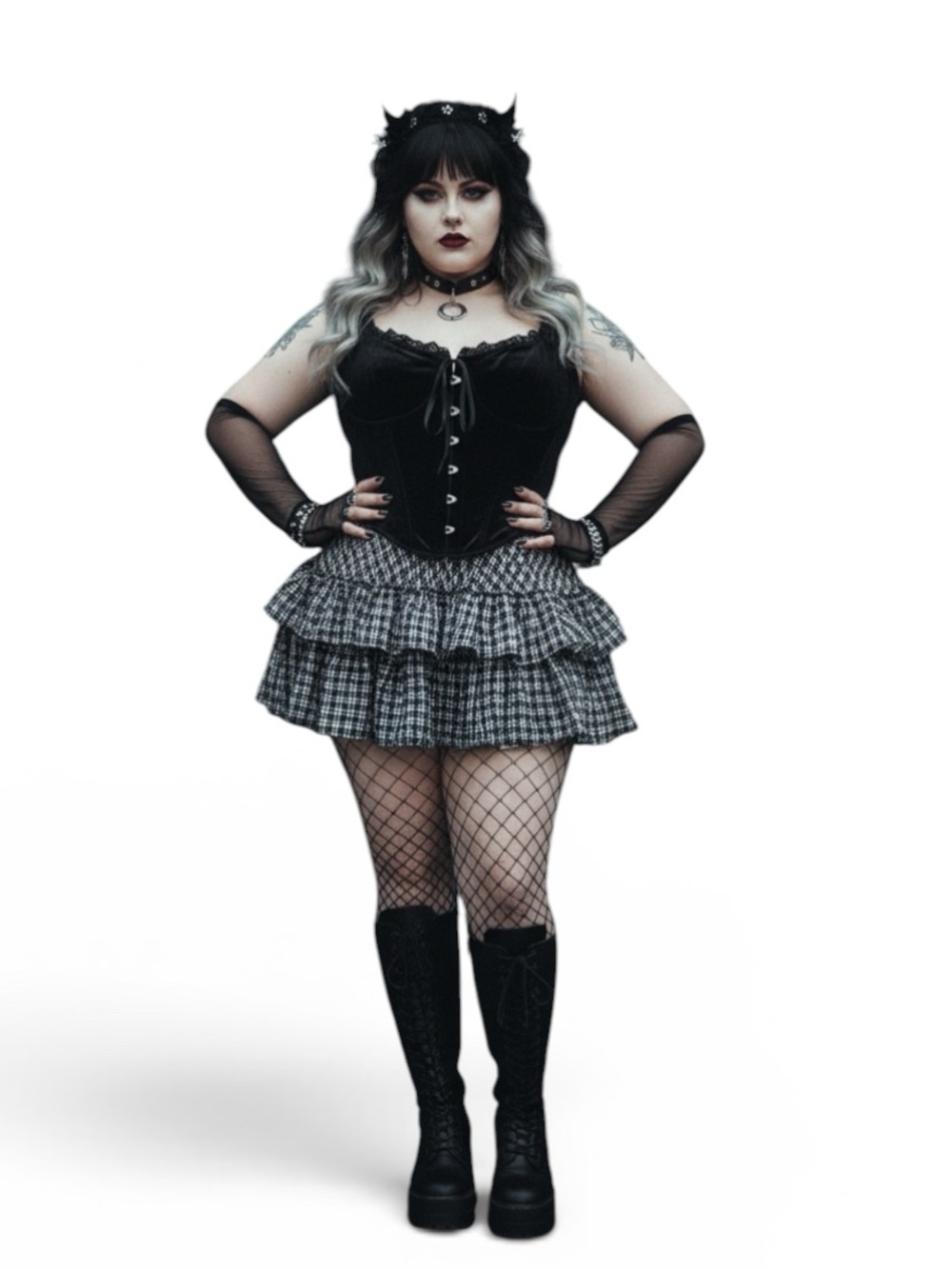 Hot Topic Social Collision Goth Black & White Plaid Ruffle Tiered Mini Skirt